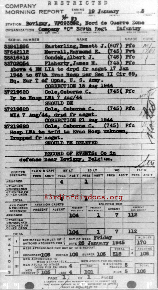 Morning report C Co, 1945-01-19, page 1 Morning report