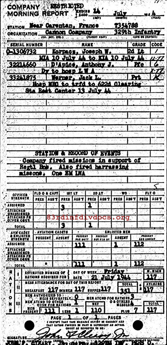 Morning report CANCO Co, 1944-07-14, page 1 Morning report
