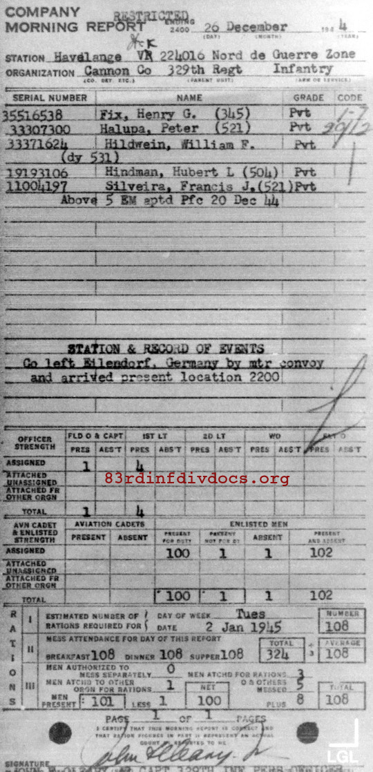 Morning report CANCO Co, 1944-12-26, page 1 Morning report