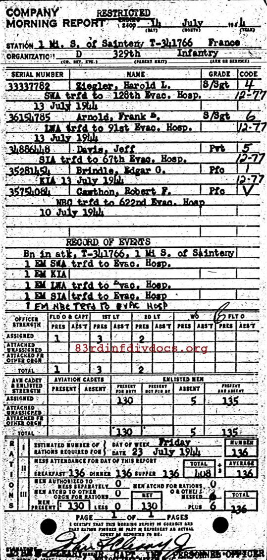 Morning report D Co, 1944-07-14, page 1 Morning report