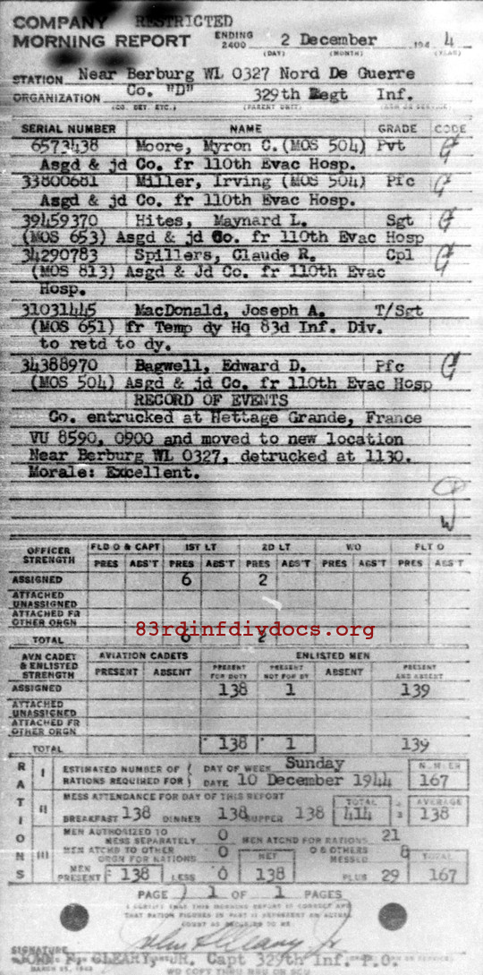 Morning report D Co, 1944-12-02, page 1 Morning report