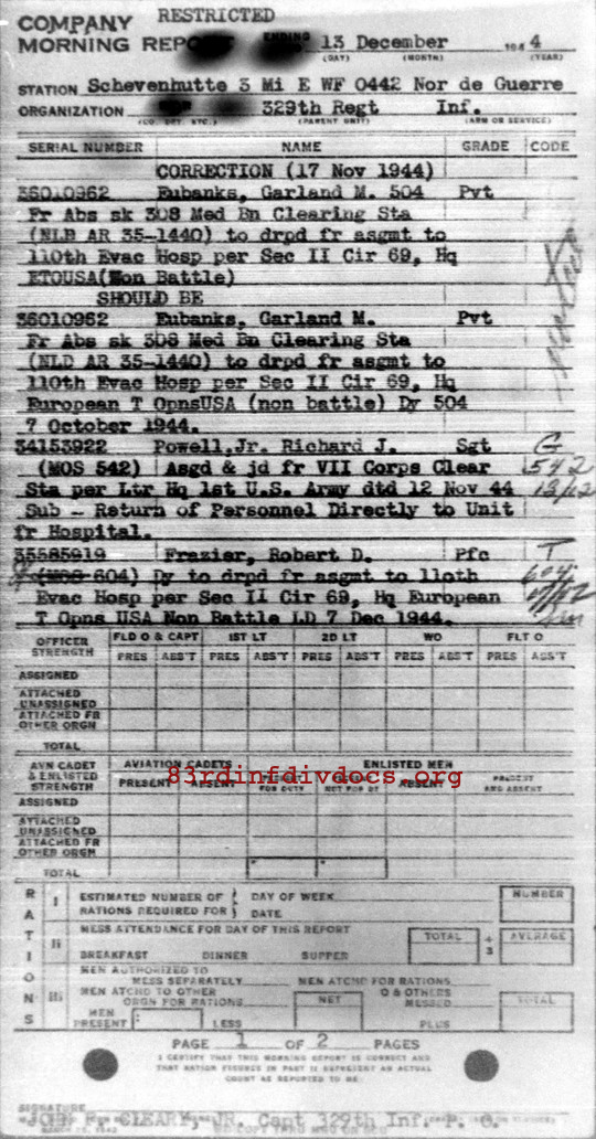 Morning report D Co, 1944-12-13, page 1 Morning report