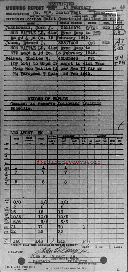 Morning report D Co, 1945-02-17, page 1 Morning report