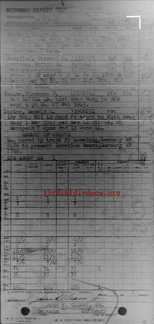 Morning report D Co, 1945-03-03, page 1 Morning report