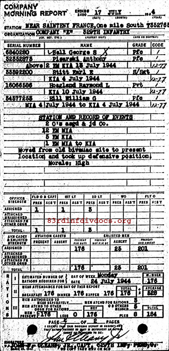 Morning report E Co, 1944-07-17, page 2 Morning report