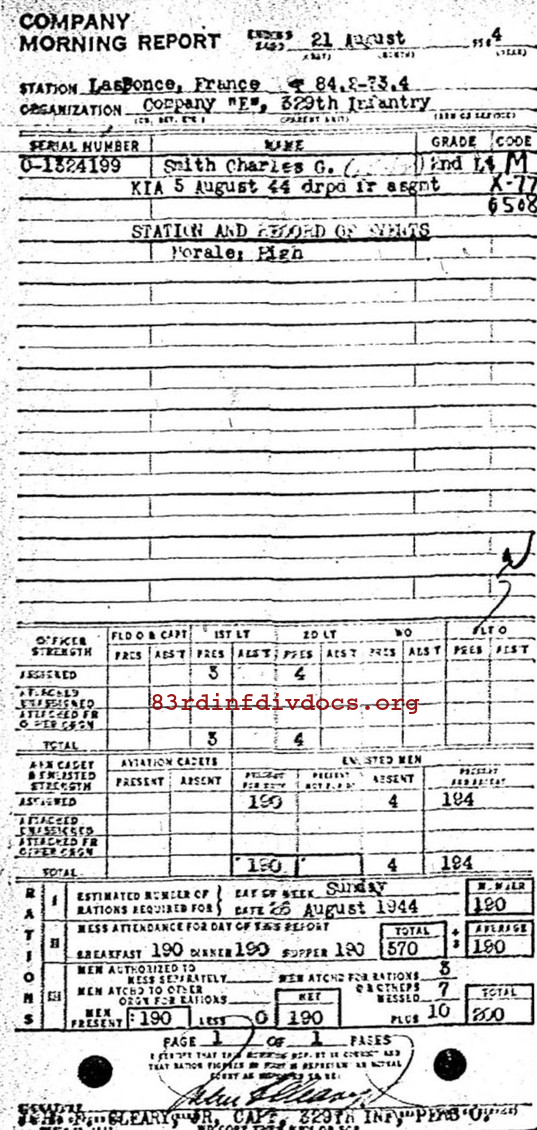 Morning report E Co, 1944-08-21, page 1 Morning report