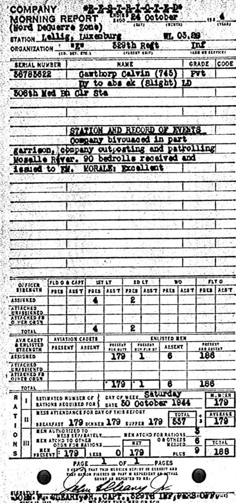 Morning report E Co, 1944-10-24, page 1 Morning report