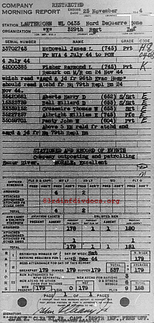 Morning report E Co, 1944-11-25, page 1 Morning report