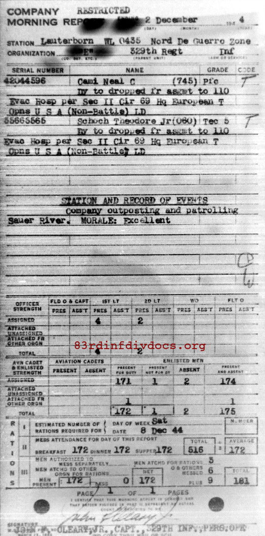 Morning report E Co, 1944-12-02, page 1 Morning report