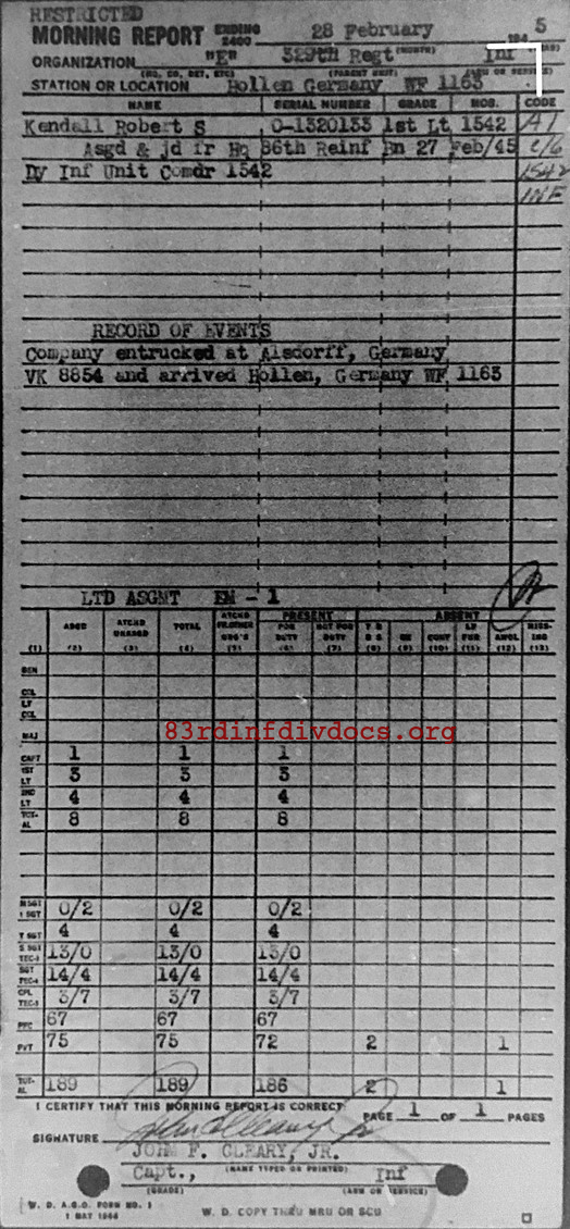 Morning report E Co, 1945-02-28, page 1 Morning report