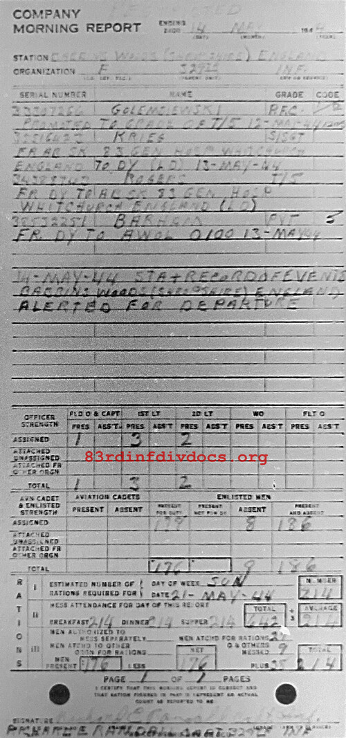 Morning report F Co, 1944-05-14, page 1 Morning report