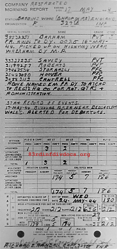 Morning report F Co, 1944-05-17, page 1 Morning report