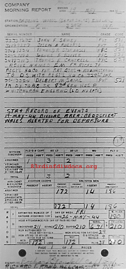 Morning report F Co, 1944-05-19, page 1 Morning report