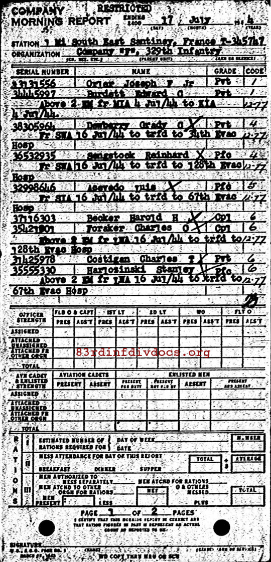 Morning report F Co, 1944-07-17, page 1 Morning report