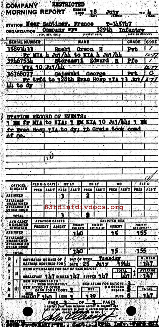 Morning report F Co, 1944-07-18, page 1 Morning report