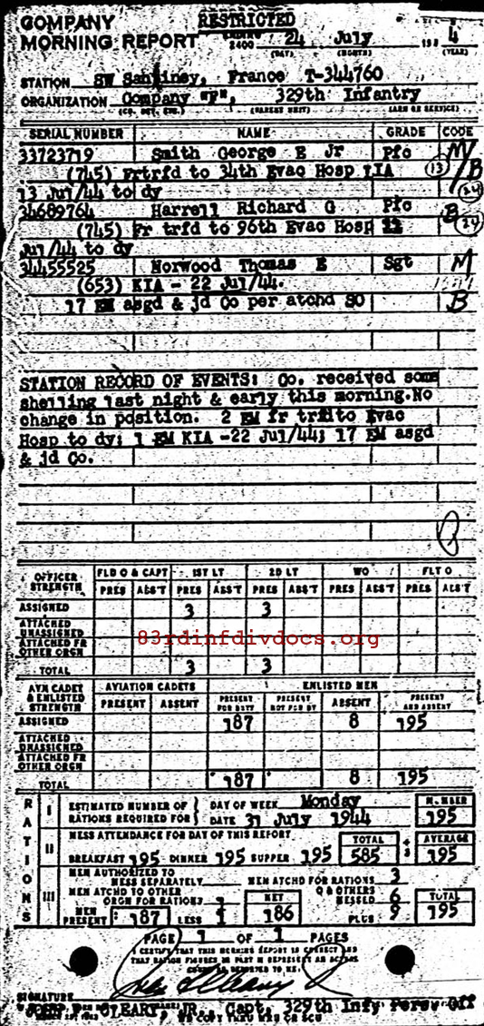 Morning report F Co, 1944-07-24, page 1 Morning report