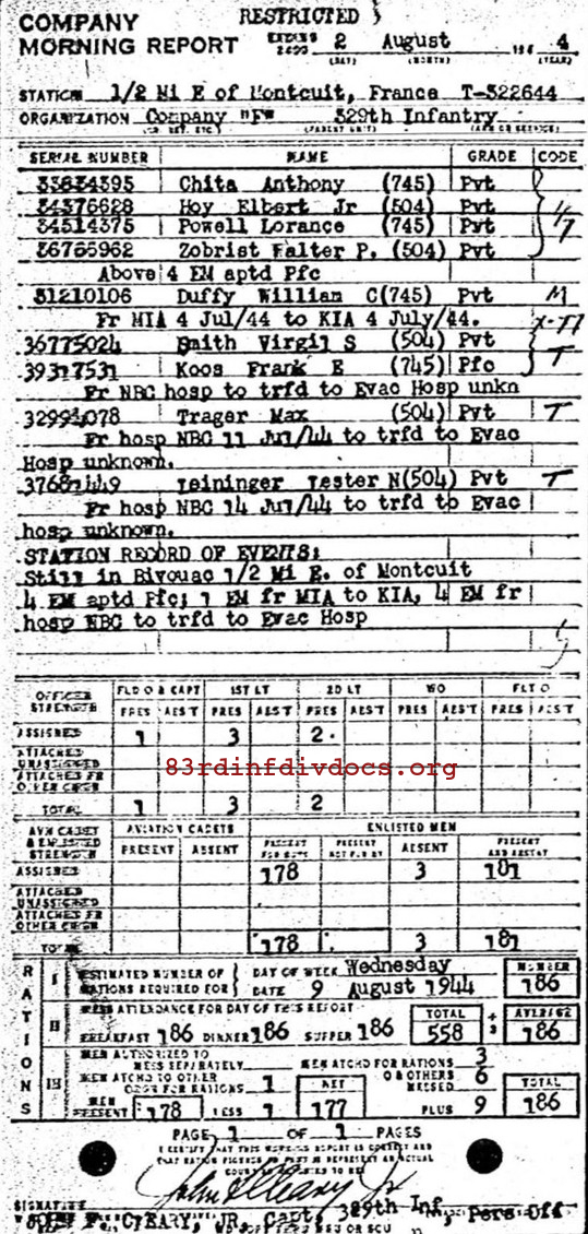 Morning report F Co, 1944-08-02, page 1 Morning report