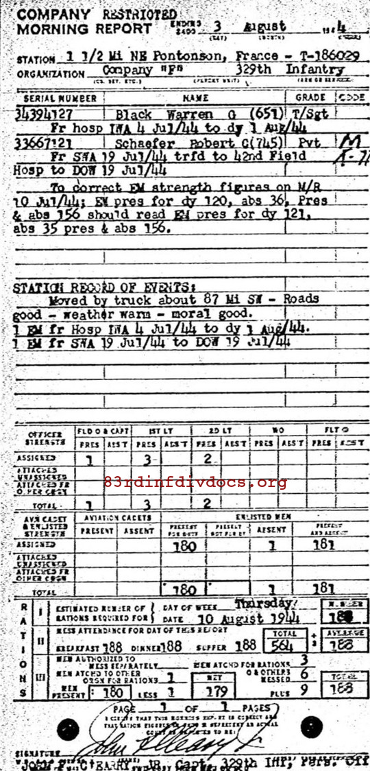 Morning report F Co, 1944-08-03, page 1 Morning report