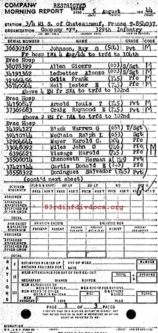 Morning report F Co, 1944-08-05, page 1 Morning report
