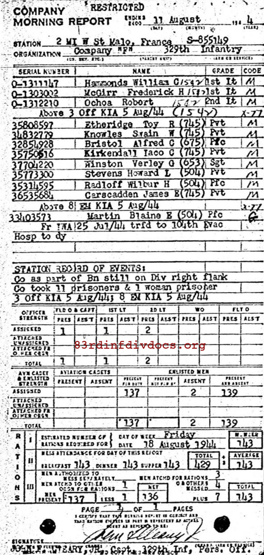 Morning report F Co, 1944-08-11, page 1 Morning report