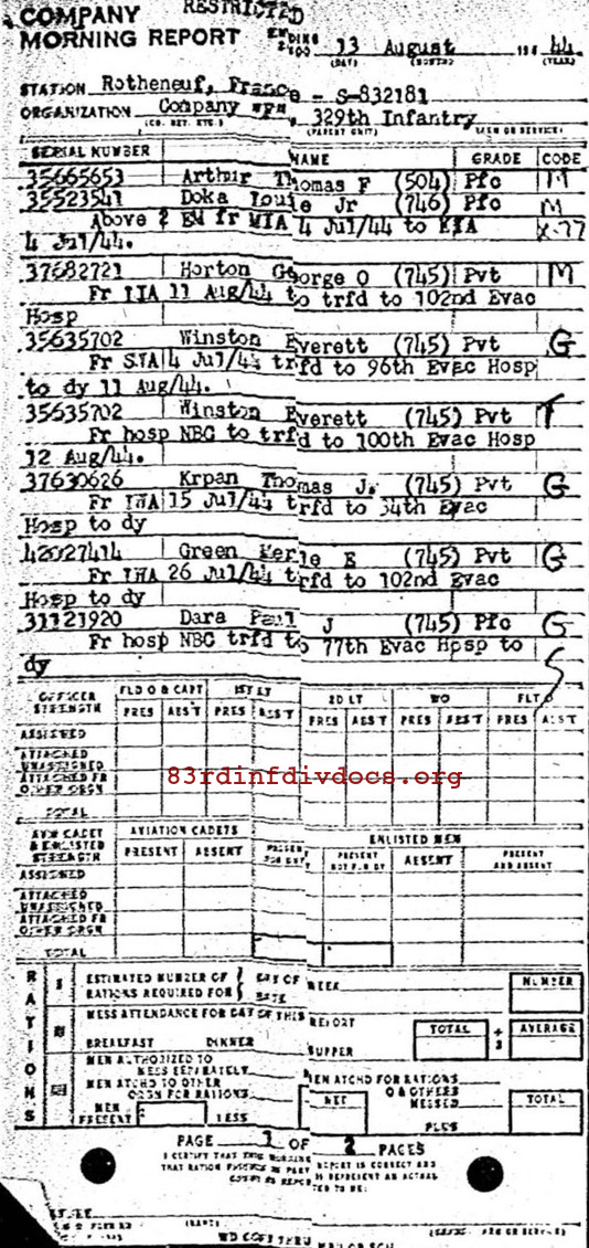 Morning report F Co, 1944-08-13, page 1 Morning report