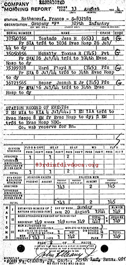 Morning report F Co, 1944-08-13, page 2 Morning report