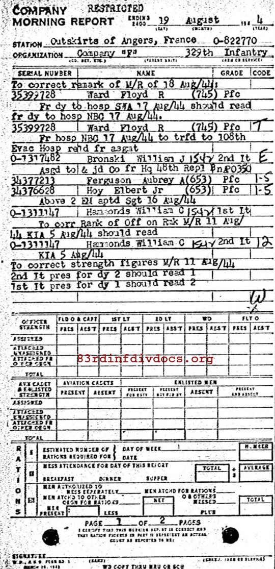 Morning report F Co, 1944-08-19, page 1 Morning report