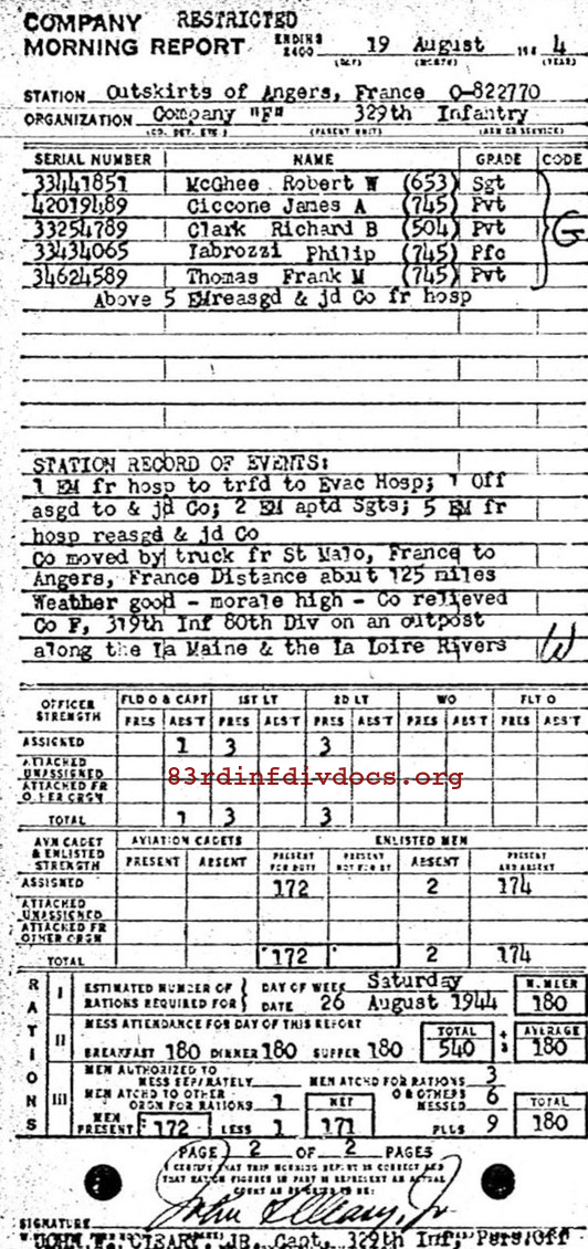 Morning report F Co, 1944-08-19, page 2 Morning report