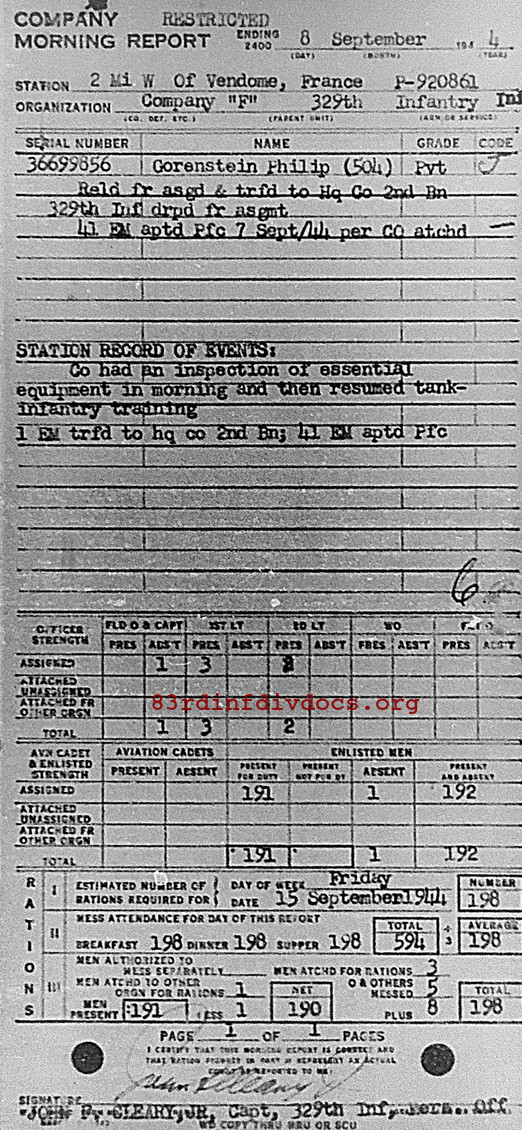 Morning report F Co, 1944-09-08, page 1 Morning report
