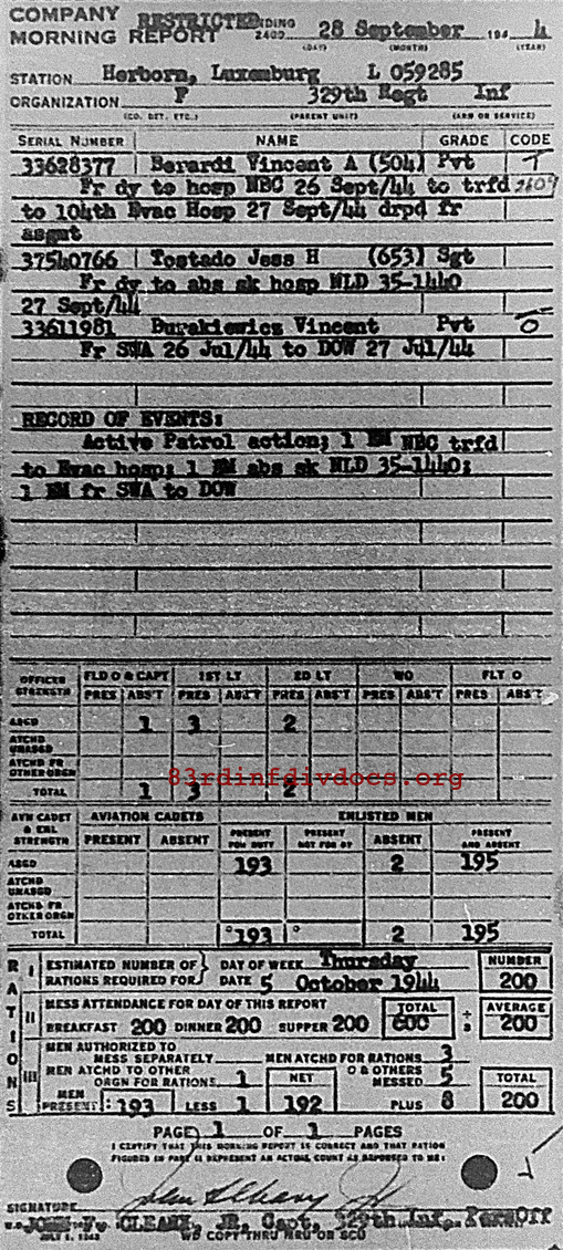 Morning report F Co, 1944-09-28, page 1 Morning report