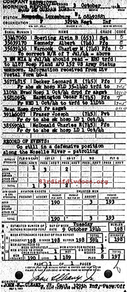 Morning report F Co, 1944-10-03, page 1 Morning report