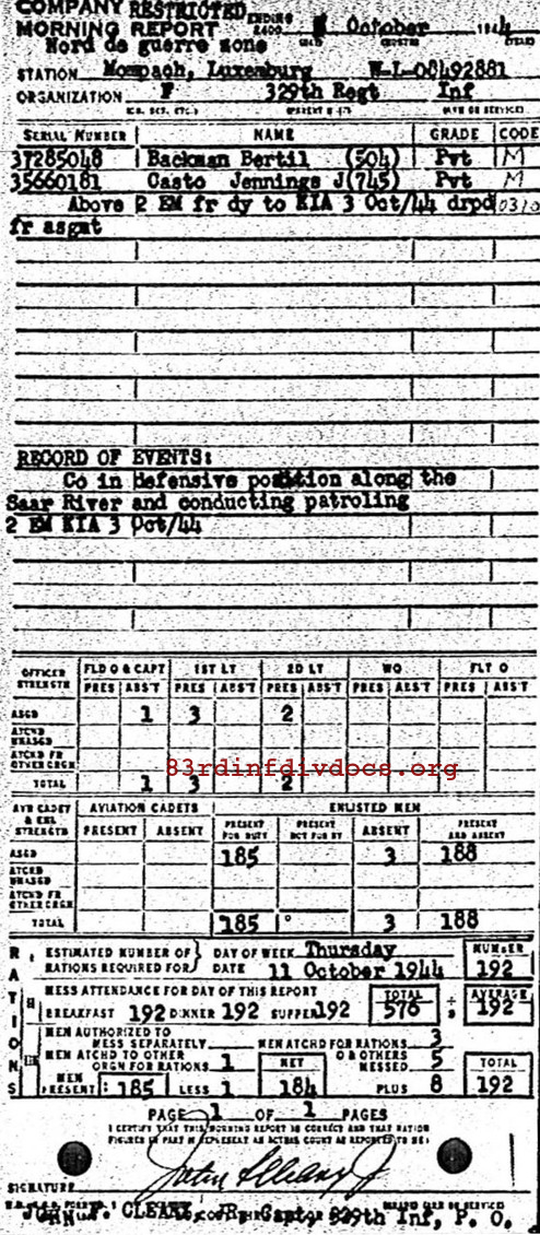 Morning report F Co, 1944-10-05, page 1 Morning report