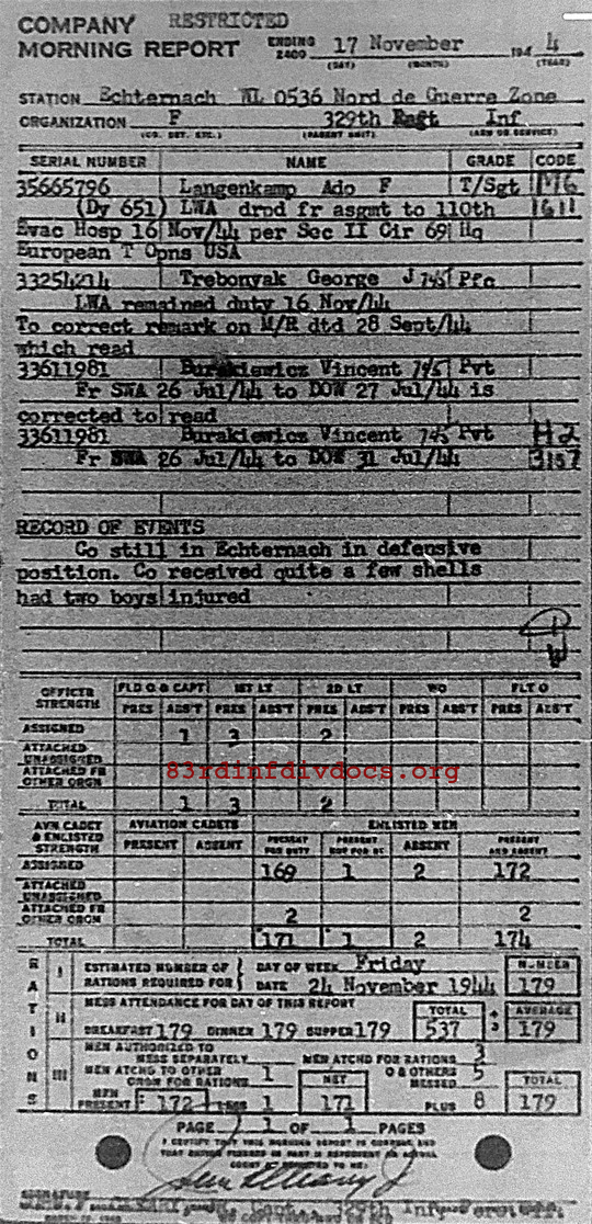 Morning report F Co, 1944-11-17, page 1 Morning report