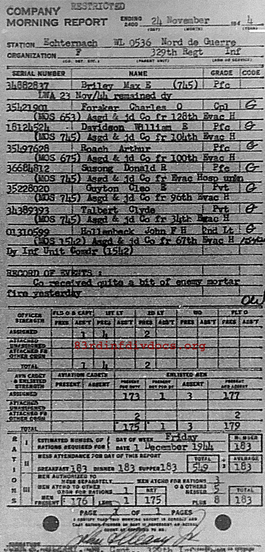 Morning report F Co, 1944-11-24, page 1 Morning report