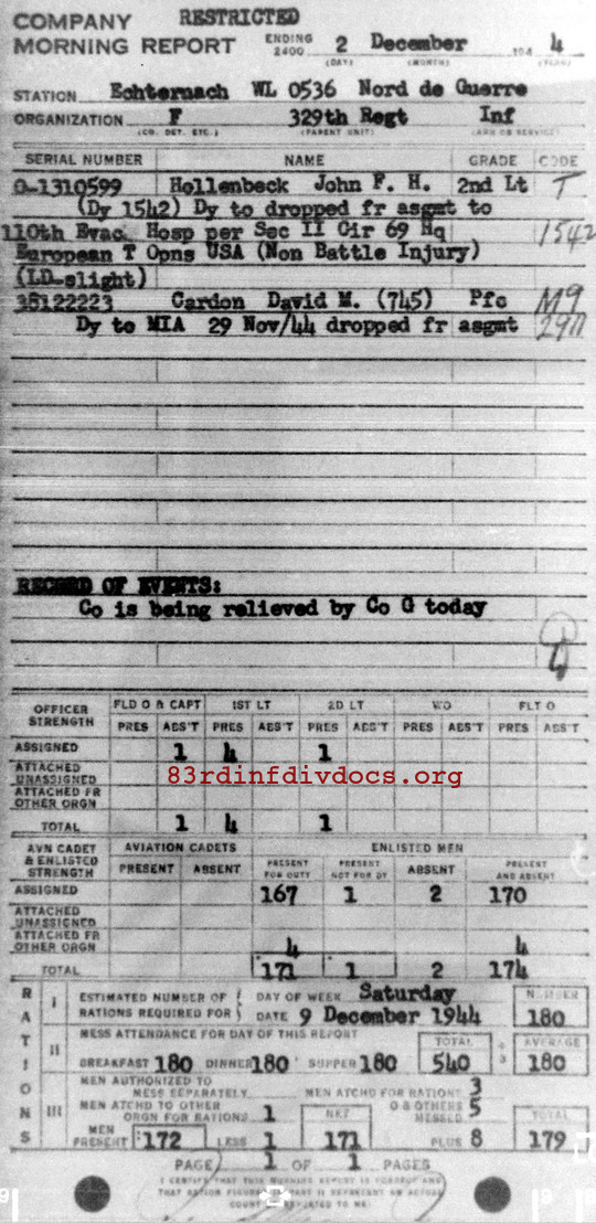 Morning report F Co, 1944-12-02, page 1 Morning report