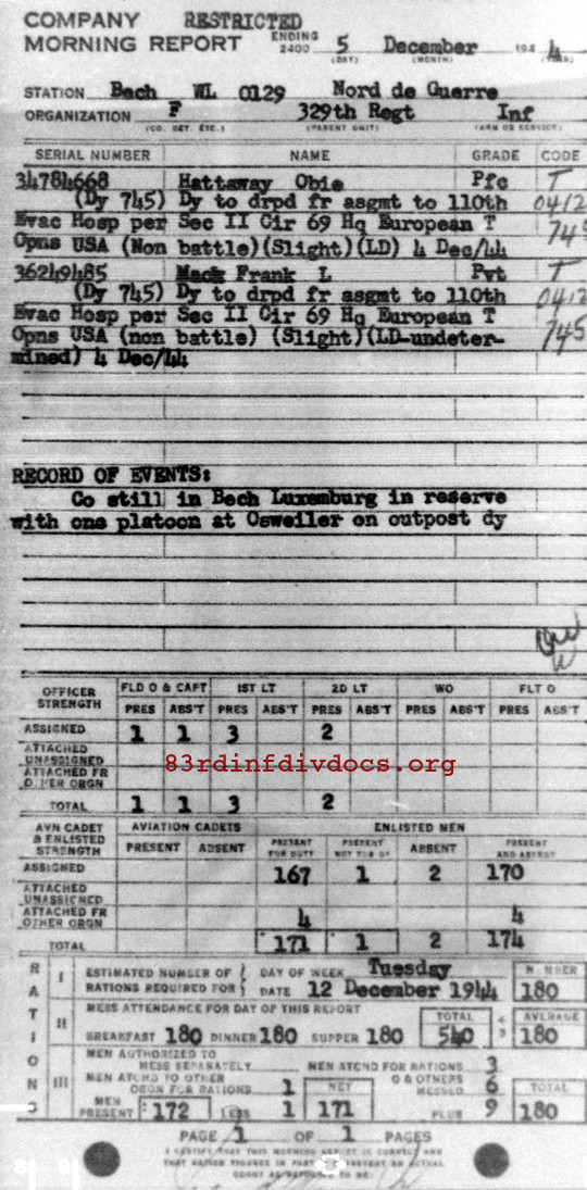 Morning report F Co, 1944-12-05, page 1 Morning report