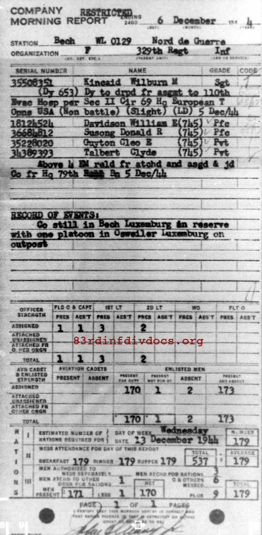 Morning report F Co, 1944-12-06, page 1 Morning report