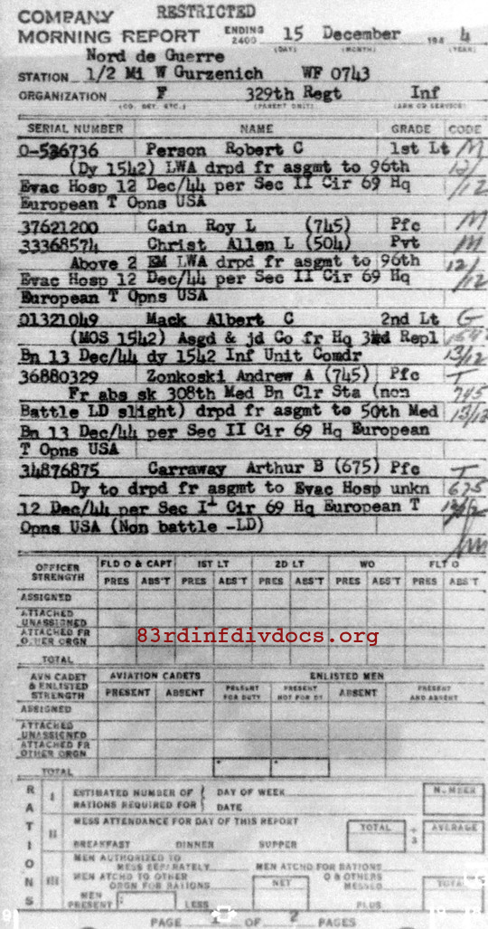 Morning report F Co, 1944-12-15, page 1 Morning report