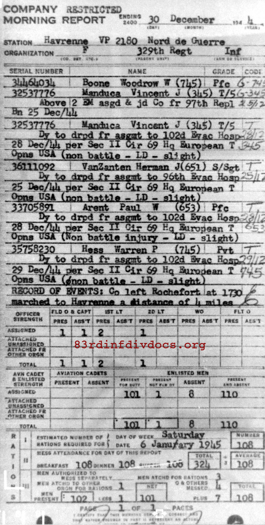 Morning report F Co, 1944-12-30, page 1 Morning report