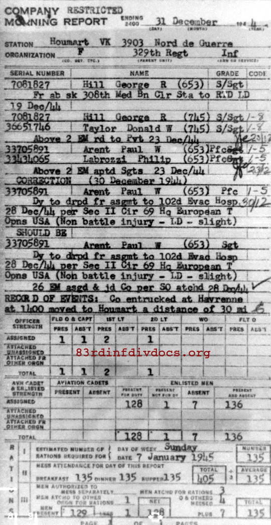 Morning report F Co, 1944-12-31, page 1 Morning report