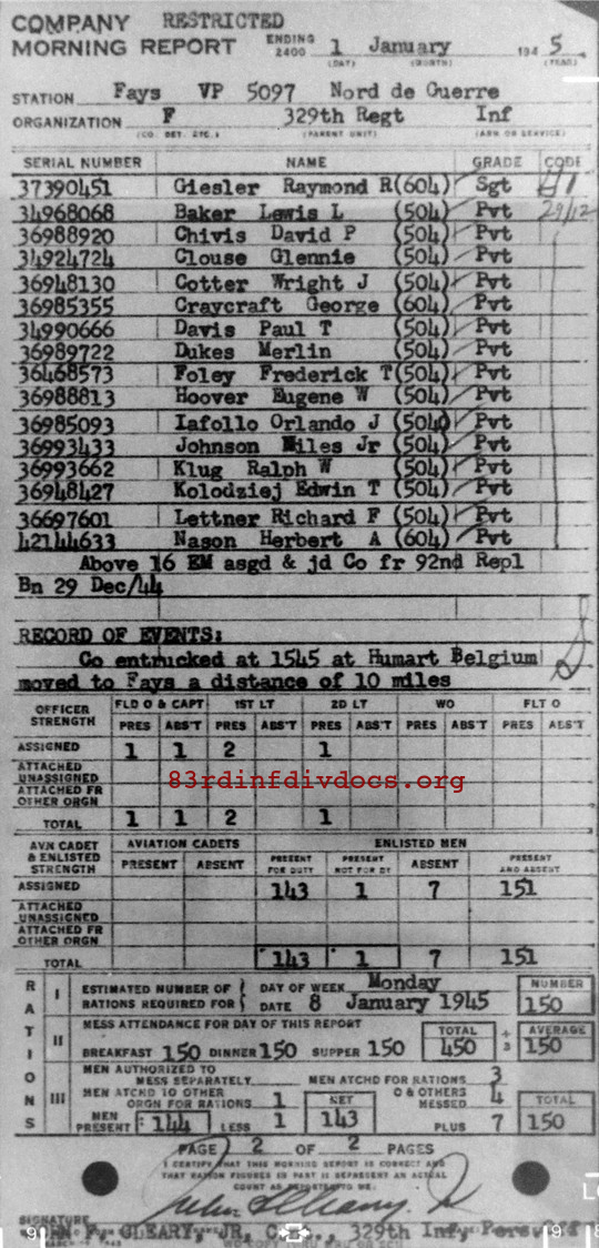 Morning report F Co, 1945-01-01, page 2 Morning report