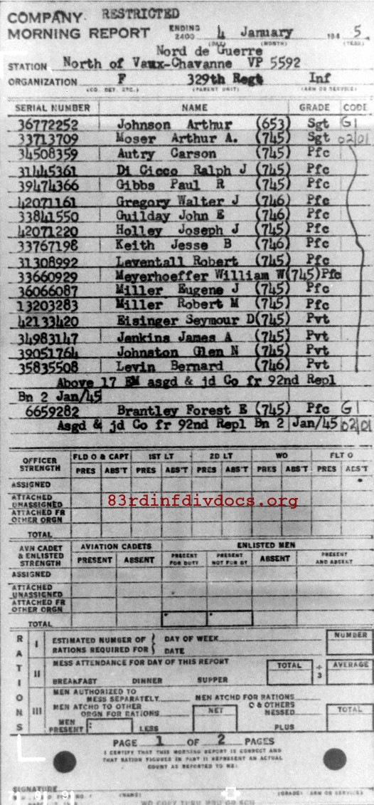 Morning report F Co, 1945-01-04, page 1 Morning report