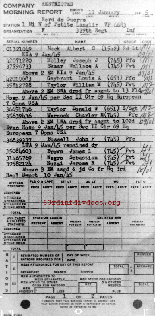 Morning report F Co, 1945-01-11, page 1 Morning report