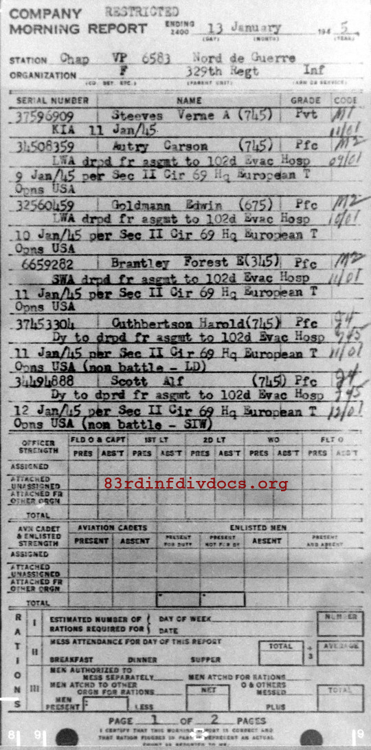 Morning report F Co, 1945-01-13, page 1 Morning report