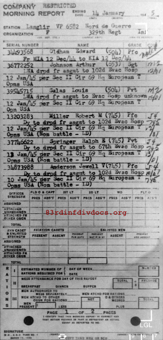 Morning report F Co, 1945-01-14, page 1 Morning report