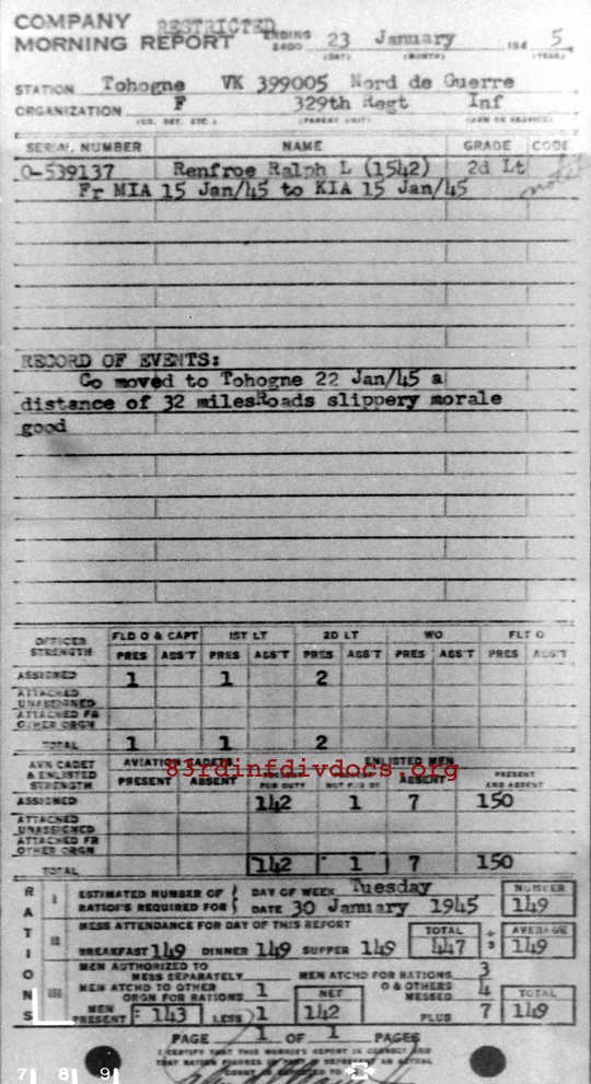 Morning report F Co, 1945-01-23, page 1 Morning report