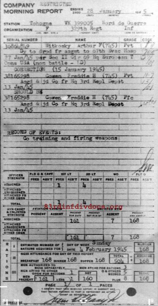 Morning report F Co, 1945-01-28, page 1 Morning report