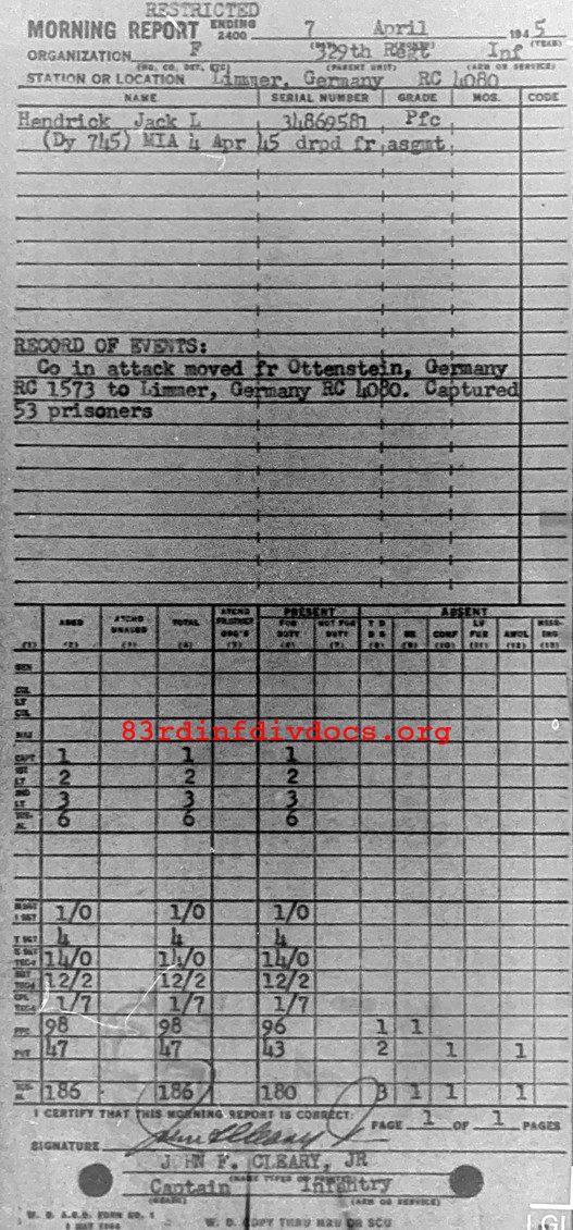 Morning report F Co, 1945-04-07, page 1 Morning report