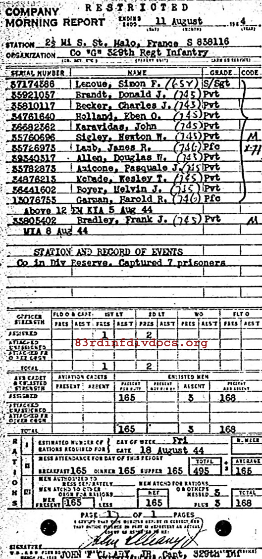 Morning report G Co, 1944-08-11, page 1 Morning report