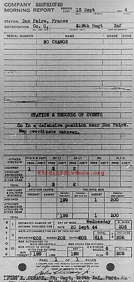 Morning report G Co, 1944-09-13, page 1 Morning report